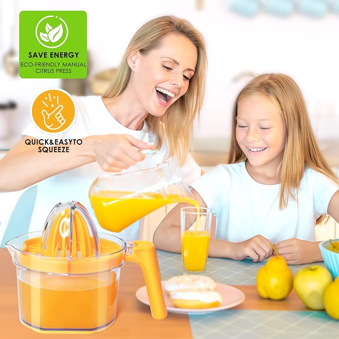 4-in-1 Lemon Squeezer, 16.9oz Manual Juicer with Dual Reamers | Multifunctional Citrus Juicer, Lemon Lime Squeezer with Detachable Handle/Grater/Egg Separator/Measuring Cup/BPA-Free, Orange