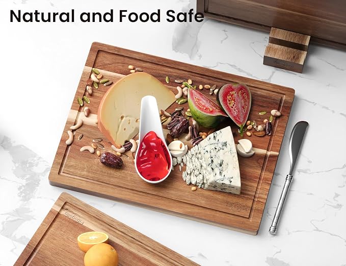 Fibogollo Set of 3 Large Acacia Wood Kitchen Cutting Boards with Holder | Wooden Chopping Boards Set with Juice Groove, Serving Board with Storage Stand,Butcher Block for Meat,Vegetables,Fruit