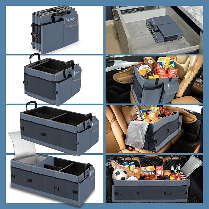 Trunk Organizer and Storage with Built-In Insulated Leak Proof Cooler Bag | Collapsible Cargo Organizer for SUV with Non Slip Strips, 3 Large Compartments Foldable Waterproof Portable Car Storage Box