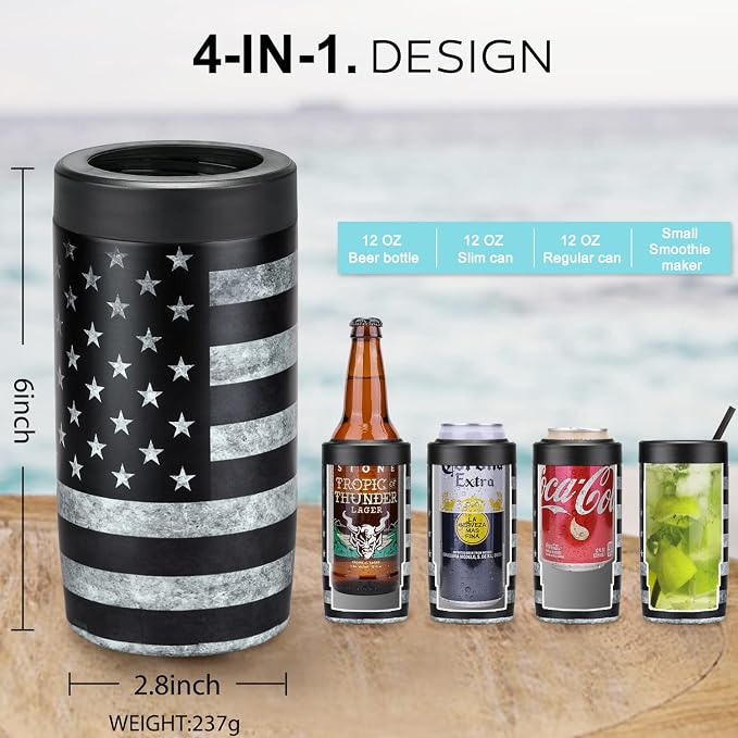 4-in-1 Slim Can Cooler Easy to Hold Insulated Beer Can Holder Double-Walled Stainless Steel for All 12 Oz Cans Black America Flag 2