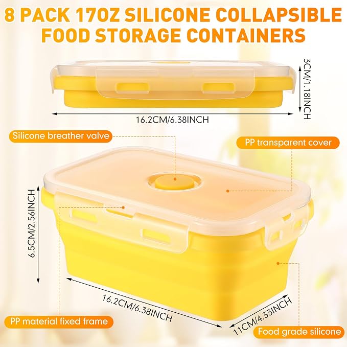 Set of 8 Silicone Collapsible Bowls for Camping with Vent Lid Silicone Storage Containers for Food Meal Preparation Square Bowl Microwave Freezer Dishwasher Safe(Macaron Color,17 Oz/ 500 ml)