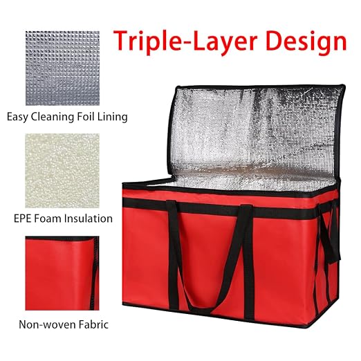 Bodaon Insulated Food Delivery Bag, Grocery Cooler Bag, Red, XXX-Large, 1Pk | Food Warmers for Parties, Catering Supplies for Rideshare, Thermal Bags for Cold and Hot Food Carrier, Pizza Delivery/Picnic