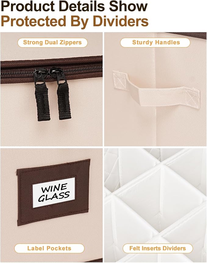 punemi Wine Glass Storage Box, 2-Pack Hard Shell Case with Padded Dividers | Hard shell support with dustproof lid and padded dividers, stackable for wine glasses, stemware and goblets, beige Set of 12