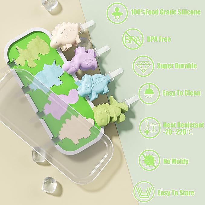Dinosaur Popsicles Mold,4 Cavity Silicone Popsicle Molds with 4 Reusable Sticks,Food Grade Silicone Ice Cream Mold Cartoon Animal Ice Pop Maker with Cover for Kids Toddlers Homemade Popsicle