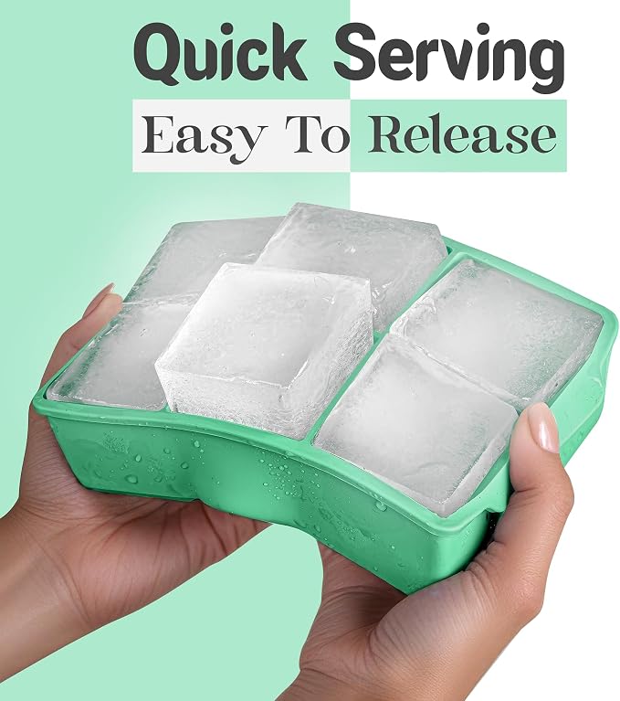 KitchFort® Large Silicone Ice Cube Tray (3-Pack), Easy Release 2" Big Ice Cubes - Cocktail, Whiskey Ice Cubes Mold - Ice Trays for Freezer with Lid - Stackable Silicone Ice Tray - Green