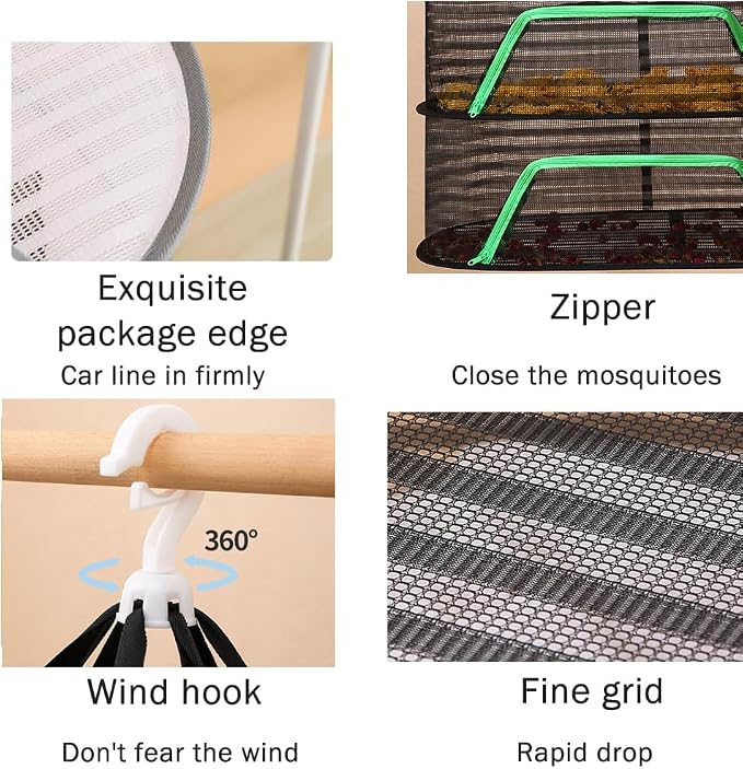 Foldable Drying Net for Vegetables, Fish, and Dehydrated Goods, Multi-Tiered Food Drying Net, Versatile Drying Rack, Windproof Design, Zipper Closure for Insect Protection 4Layer Black
