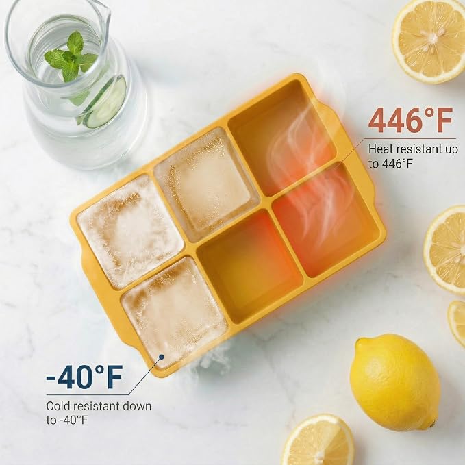 KitchFort® Large Silicone Ice Cube Tray (2-Pack), Easy Release 2" Big Ice Cubes - Cocktail, Whiskey Ice Cubes Mold - Ice Trays for Freezer with Lid - Stackable Silicone Ice Tray - Mustard Yellow