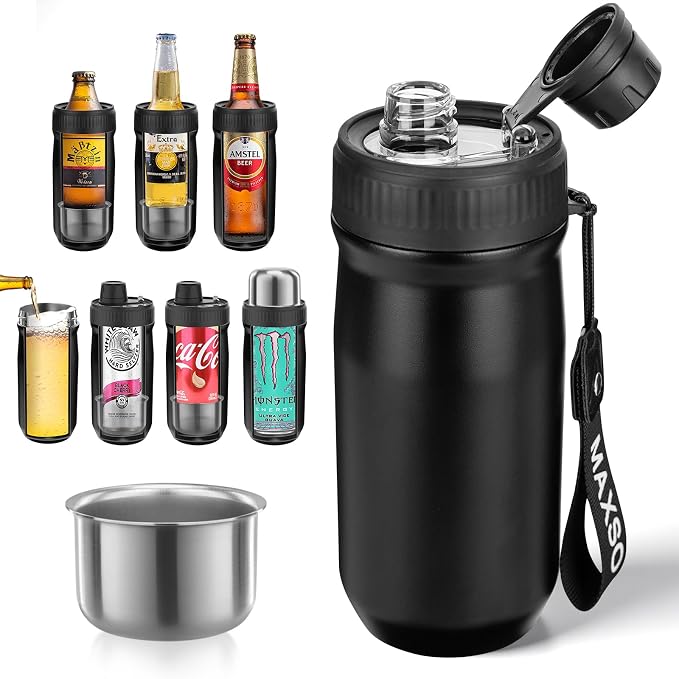 MAXSO Sealed Can Cooler Fizz Lid Can Cover for 12 oz Regular, Slim Skinny Cans & As Thermal Bottle (Matte Black, 5-in-1)