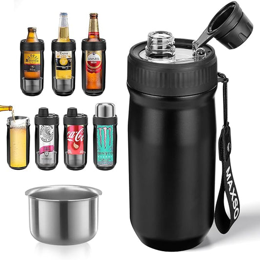 MAXSO Sealed Can Cooler Fizz Lid Can Cover for 12 oz Regular, Slim Skinny Cans & As Thermal Bottle (Matte Black, 5-in-1)