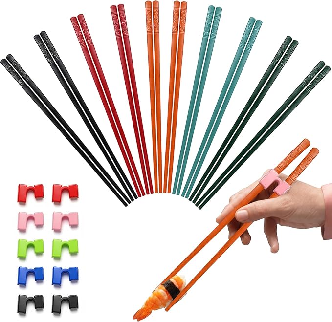 Reusable Chopsticks for Beginner- Fiberglass Training Chop sticks, 10 Pairs Non-Slip Chopsticks Helpers Set, Japanese Chop Sticks Dishwasher Safe 9.45Inch