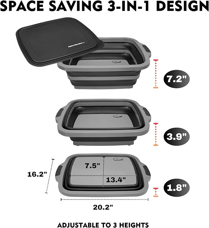 Collapsible X-Large (16L) BBQ Marinating Tub w/ Cutting Board | Multipurpose Food-Grade TPE Prep Tub w/ Lid | Built-In Colander & Drain Plug - For Camping | Tailgate | Picnic - Slate Black