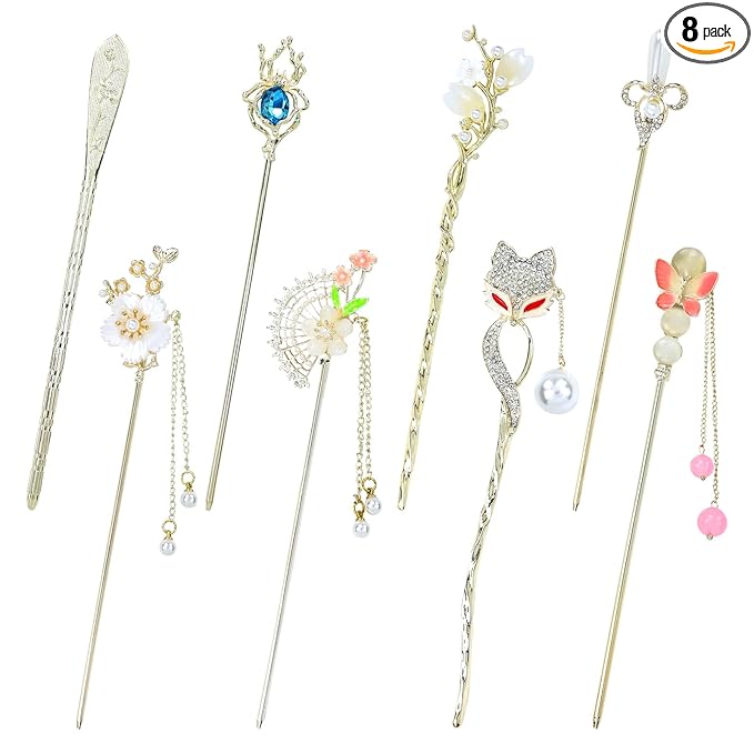 inSowni 8 Pieces Retro Vintage Asian Japanese Chinese Hanfu Rhinestone Gold Metal Flower Hair Sticks with Flower Pearl Crystal Fox Butterfly Hair Pins Forks Chopsticks Bun Updo Holders for Women Girls