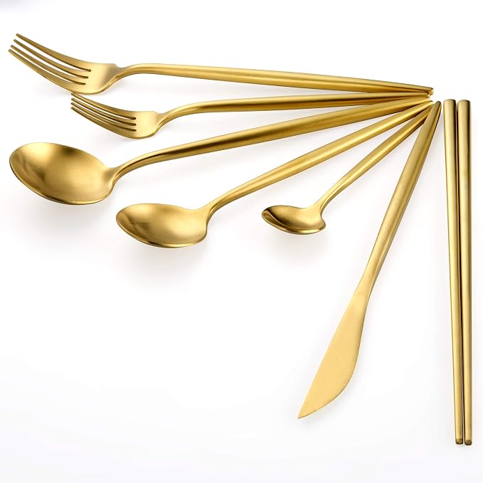 KiiZYs Matte Gold Silverware Set Cutlery Set - 14-piece 18/10 Stainless Steel Flatware Utensil Set - Korean Chopsticks Fork Spoon Knife - Reusable Dishwasher Safe - Gift Box (Gold, Service for 2)