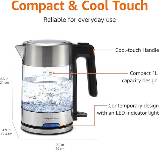 Amazon Basics Electric Kettle with Glass Carafe for Tea and Coffee, BPA-Free, Fast Boiling, Auto Shut-Off, 1.1 Quarts, 1500W, Glass and Steel