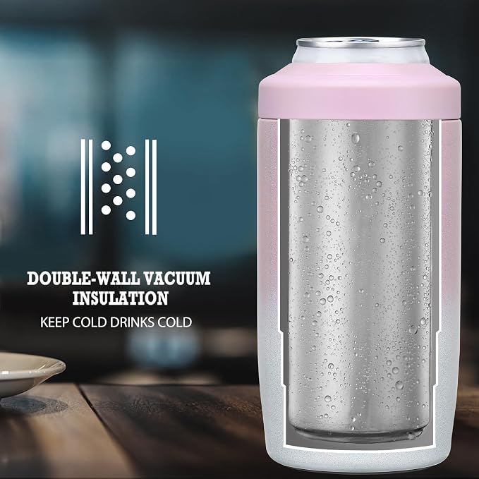 MAXSO Slim Can Cooler, 4-in-1 Double Walled Stainless Steel Insulated Beer Can Holder, Works With All 12 Oz Cans,Bottles & As A Pint Cups - Gradual Pink White