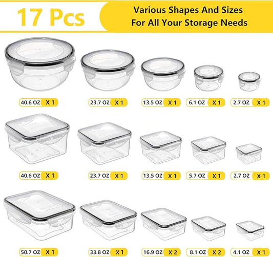34 PCS Food Storage Containers with Lids Airtight(17 Lids &17 Containers) - Microwave/Dishwasher Safe 100% Leakproof Storage Containers for Meal Prep Kitchen Storage Organization with Labels & Pen
