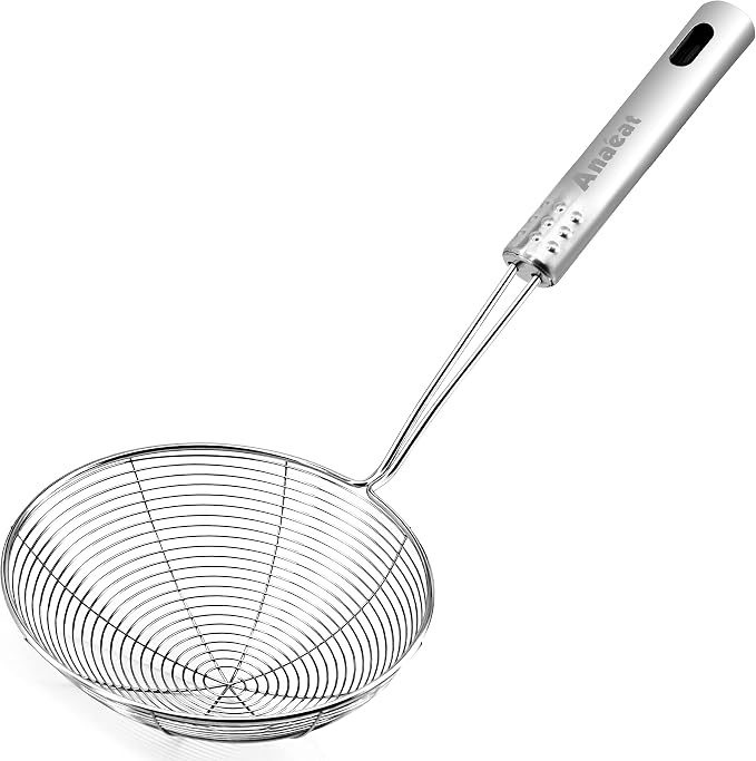 Anaeat 4.5" Stainless Steel Spider Skimmer, Professional Kitchen Pasta Strainer Spoon with Long Handle - Asian Strainer Ladle Wire Skimmer Spoons for Cooking and Frying
