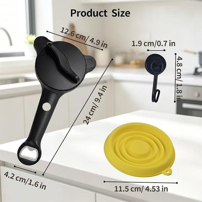 4-in-1 Jar Opener for Weak Hands, Seniors with Arthritis (Black) | Multi-Purpose Lid Opener Includes Magnetic Hook & Rubber Gripper for Jars, Bottles and Beer Caps Simple Twist-off Operation