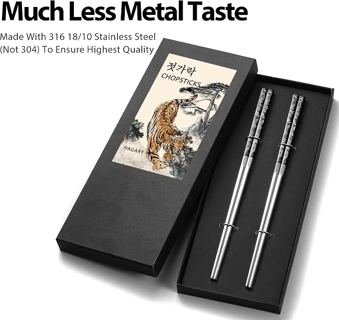 Hagary Tiger Chopsticks Metal Chopsticks Reusable Designed In Korea Japanese Style Stainless Steel 316 18/10 Non-Slip Dishwasher Safe Laser Etched (Black - 2 Pairs)