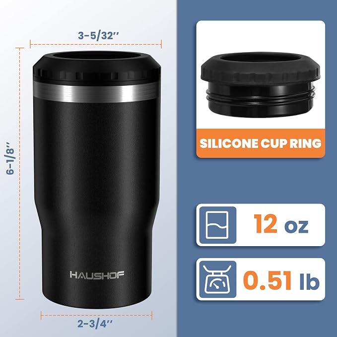 HAUSHOF 4-in-1 Insulated Can Cooler Fits 12oz Cans & Beer Bottle, Black | Double-Wall Vacuum Insulated, 18/8 Stainless Steel, BPA-Free Lid, Slim Can Cooler for Camping, Beach & Picnic