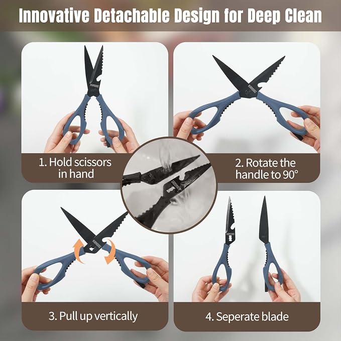 Kitchen Scissors All Purpose, Extra Sharp Kitchen Shears with Knife Sharpener & Sheath, Solid & Durable Stainless Steel Scissors with ANTI-RUST Black Titanium Plated, Dishwasher Safe – Blue