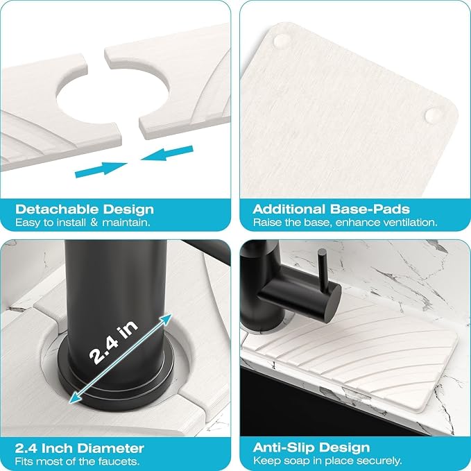SpaceHacks Stone Faucet Mat for Kitchen Sink - Fast Drying Diatomite Stone Drying Mat, Textured Drainage Sink Protector, Water Splash Guard with Base Pads for Bathroom Counter (15.7x4 in, White)