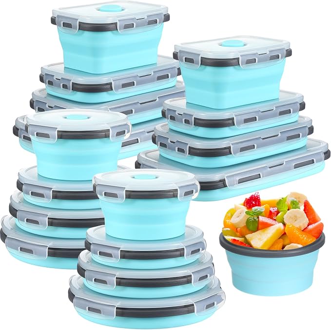 Yaomiao 16 Pack Collapsible Food Storage Containers with Lid Air Vent Foldable 8 Rectangle Storage Bowl and 8 Round Silicone Food Bow for Lunch Camping Rv Accessories Microwave Freezer(Gray, Blue)