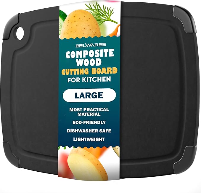 Dishwasher Safe Cutting Board, Large 14.5 x 11.25 Inch Composite Wood Chopping Surface with Juice Groove, Non Slip Feet, Lightweight Kitchen Countertop for Meat and Vegetables - Slate Black