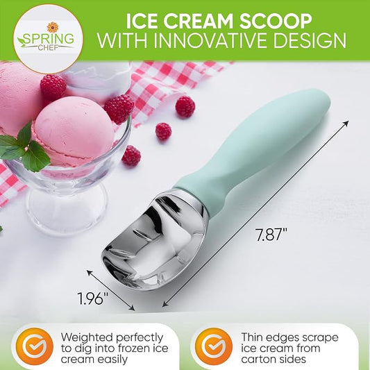 Spring Chef Heavy Duty Metal Ice Cream Scoop - Dishwasher Safe Ice Cream Scooper - Commercial Icecream Scoop Spade - Professional Kitchen Gadgets for Gelato, Melon, Sundae - Cookie Spoon - Mint