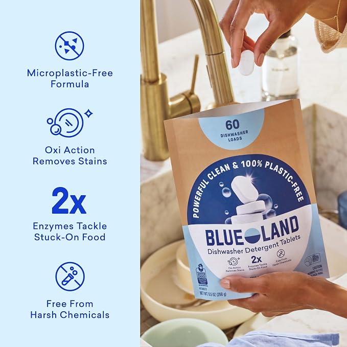 BLUELAND 100% Plastic-Free Dishwasher Detergent Tablets, Starter Set, 60 Count with tin, Free & Clear, Eco-Friendly Dishwashing Pods, Cuts Grease & Stuck on Food, Rinses Clean for Streak-Free Shine