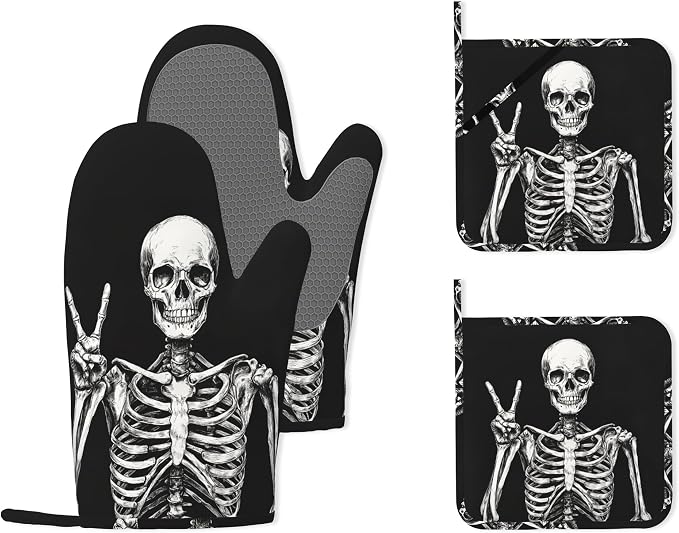 Funny Skull Heat-Resistant Silicone Oven Mitts and Pot Holders 4 Piece Set,Extra Long Non-Slip Kitchen Oven Gloves for Cooking, Baking, BBQ,Grilling