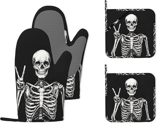 Funny Skull Heat-Resistant Silicone Oven Mitts and Pot Holders 4 Piece Set,Extra Long Non-Slip Kitchen Oven Gloves for Cooking, Baking, BBQ,Grilling