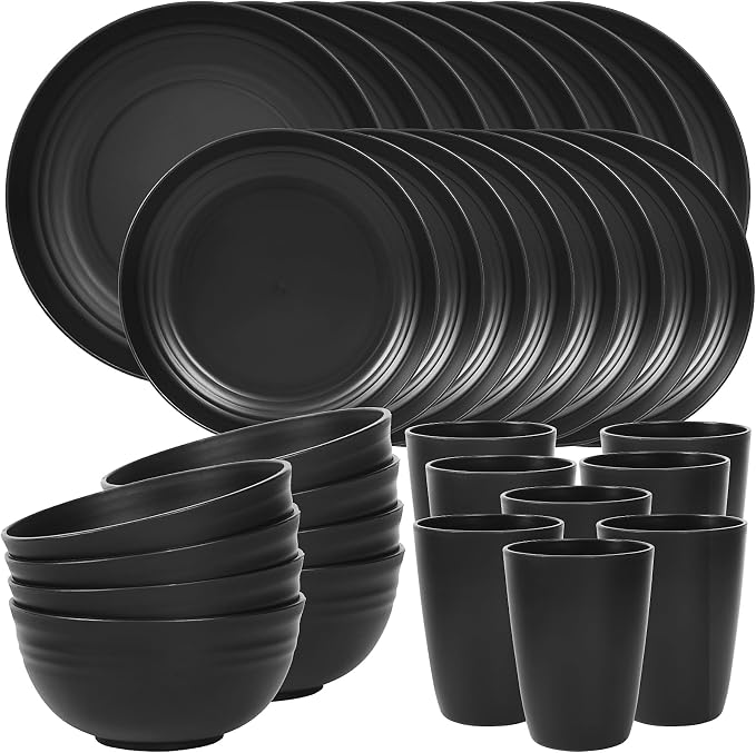 Quatish 32 Piece Plates and Bowls Sets for 8, Unbreakable Dinnerware Sets, Dish Set for Camping, Dishwasher Microwave Safe, Outdoor Kitchen and Apartment Dorm Dinning RV Essentials, Black