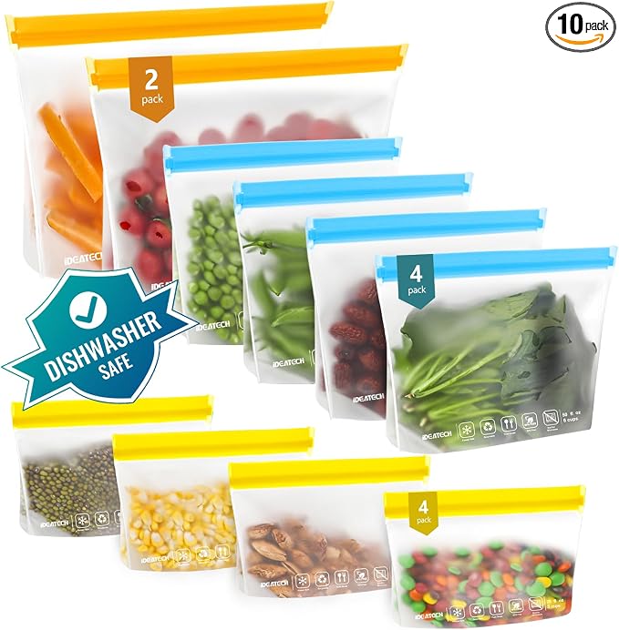 IDEATECH 12Pack Food Storage Bags Dishwasher Safe, BPA Free Reusable Snack Bags, Leakproof Reusable Gallon Freezer Bags for Lunch,Travel(2Gallon 4Quart 4Snack, Colored)