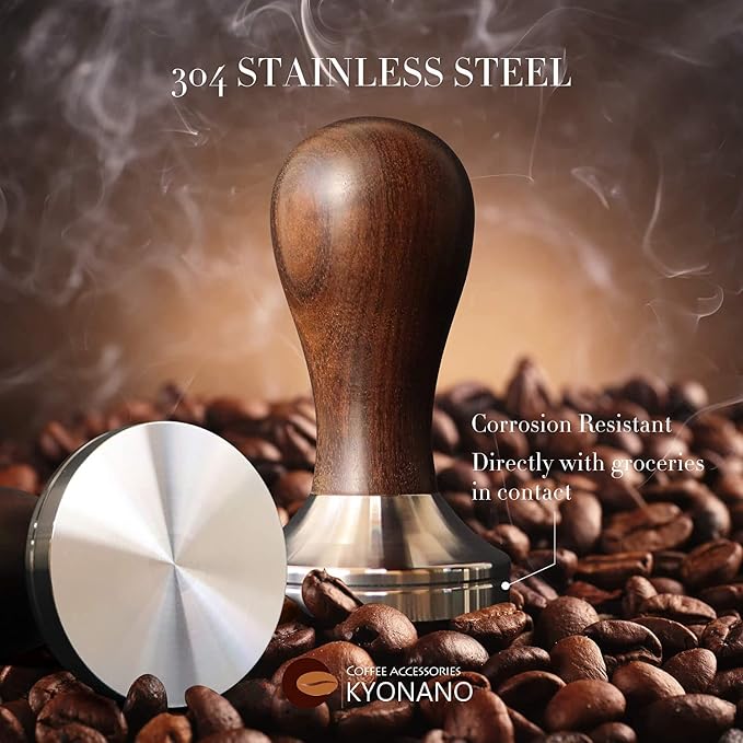 KYONANO Espresso Tamper 51mm - Tamper with Chacate Preto Wood Handle - Coffee Tamper plus Milk Frothing Pitcher 350ml & Silicone Tamper Mat - Tamper fits 51mm Delonghi Portafilter