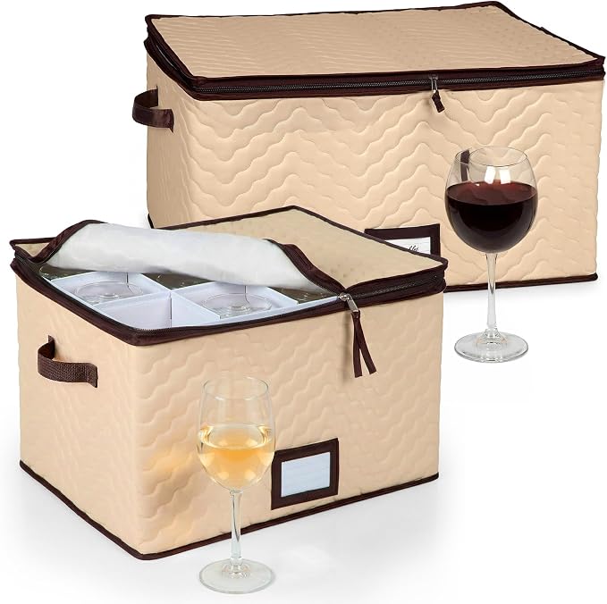 Wine Glass Storage Box with Dividers, Holds 12 Glasses up to 3.75" Wide | 2 Pack, Stemware Storage Case, Protects Fine China, Durable Quilted Microfiber, Carry Handles, Ideal for White Wine