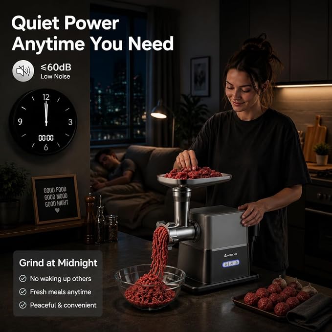 AAOBOSI Meat Grinder Electric 3000W Max with 60dB Quiet DC Motor, Auto-Reverse & Storable Food Pusher - 3 Speed Settings,Grinding, Sausage & Kibbe Making for Home Use
