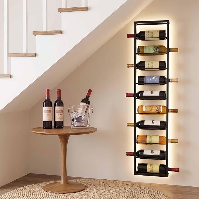 Wall Mounted Wine Rack: Metal Hanging 10 Bottle Wine Holder Liquor Storage | for Champagne & Magnum - Professional Grade for Wine Collectors - Rust-Resistant Matte Black Metal