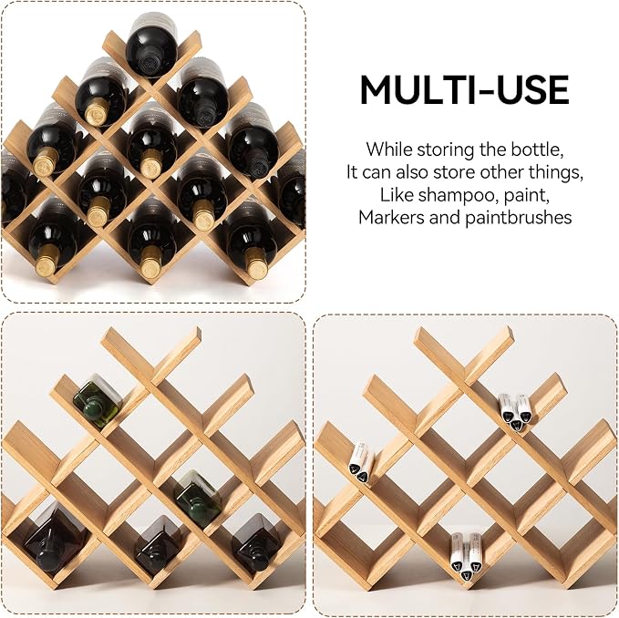 KIRIGEN Wood Wine Rack, 13-Bottle 4-Tier Countertop Holder, Natural, 4-NA | 22.28 x 5.9 x 13.9 In, Freestanding Wooden Rack Stores 13 Wine Bottles for Counters, Cabinets, Pantry Shelves, and Home Bars
