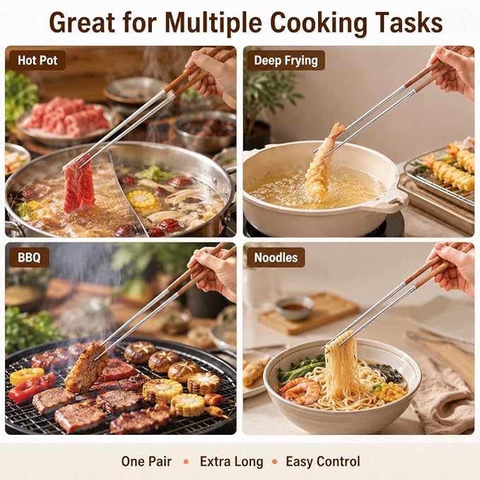 Kichvoe 15.75 Inch Long Cooking Chopsticks, Stainless Steel with Wooden Handle, Non-Slip Utensil for Chinese Cooking, Hot Pot, BBQ, Noodles and Deep Frying, 1 Pair