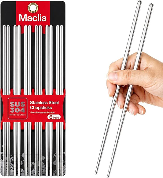 Metal Chopsticks 6 Pairs - Reusable 304 Stainless Steel Chopsticks Dishwasher Safe, Non-Slip Lightweight Chop Sticks, Korean Japanese Chinese Chop Sticks Gift Set (Silver)