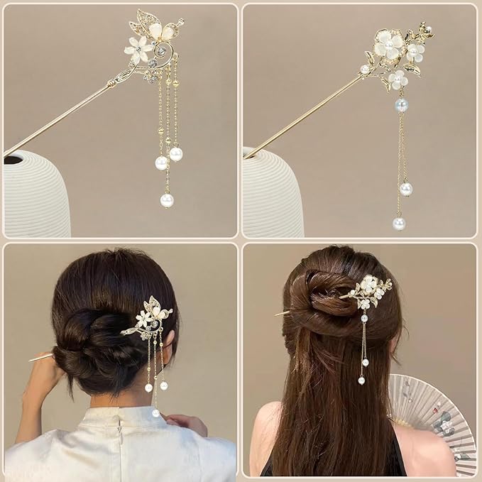 2Packs Lily of the Valley Chinese Hair Sticks for Buns, Pearl Flower Vintage Metal Hair Chopsticks for Women and Girls Dangle Tassel Pendant Hair Accessories Hanfu Handmade Decor Hairpin (beige)