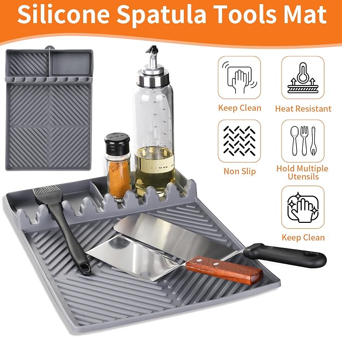 Find law Silicone Tools Mat for Griddle & Kitchen Countertop | Grey Side Shelf Spatula Mat with Drip Pad for Blackstone Weber Traeger Pit Boss Flat Top Grill Smoker, BBQ Gifts for Men