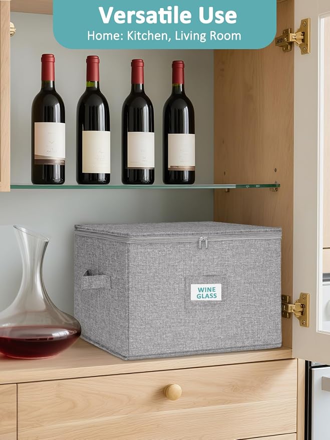 Cirhy Wine Glass Storage Box Hard Shell, Stemware Storage Containers for Moving, Holds 24 Crystal Glasses & Flutes, Stackable Glassware Chest with Dividers, Grey (2-Pack)