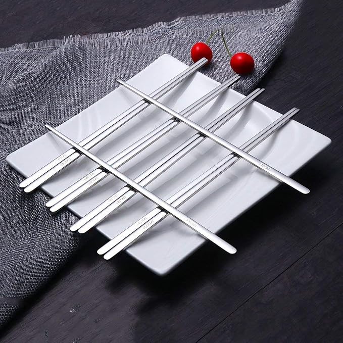 Buyer Star 5 Pairs Silver Flat Chopsticks - Reusable Metal Stainless Steel Chinese Chopsticks Set with Case