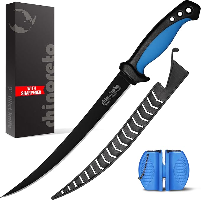 Rhinoreto Fillet Knife for Fish - Razor Sharp G4116 German Stainless Steel Blade, 9 Inch Professional Filleting & Boning Knife with Non-Slip Handle, Protective Sheath & Sharpener