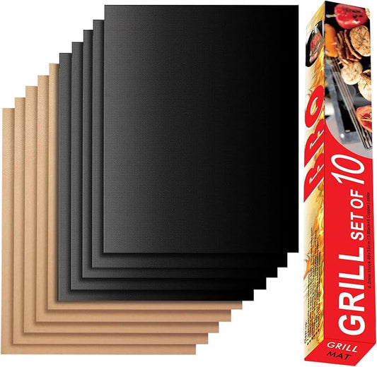 Grill Mats for Outdoor Grill, Set of 10 （5 Black+5 Copper）Grill Mat for Gas Grill, Non-Stick BBQ Sheets for Grilling, 15.75 X 13 Inch