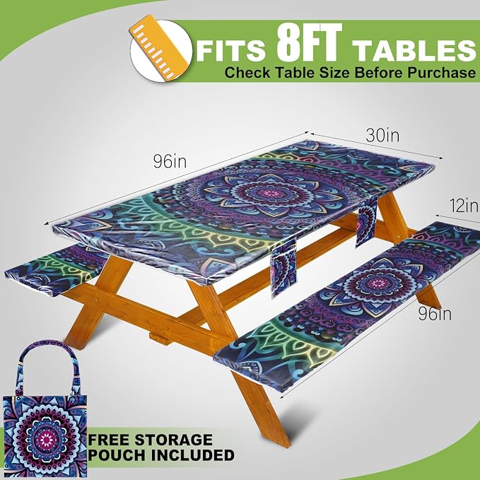 Wrakus Picnic Table Cover with Bench Covers Vinyl Elastic Edges Fitted Rectangle Seat Tables Waterproof 3-Piece96X30in Set Outdoor Rectangular Folding Backing Tablecloth for Camping Over Size