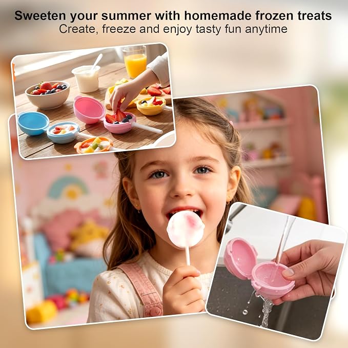 Silicone Lollipop Ice Cream Maker, Reusable Homemade Popsicle Molds, DIY Ice Pop Maker for Kids, Food Grade Silicone Molds with Sticks, 4 Colors for Distinguishing Different Popsicle Flavors