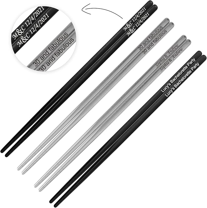 Set of custom reusable metal chopsticks engraved japanese stainless steel dinnerware utensils lot for new home, gifts, party favors, wedding goodie bags, engagements
